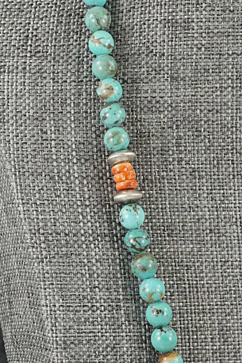 Turquoise, Spiny Oyster & Sterling Silver Necklace 20" - Doreen Jake