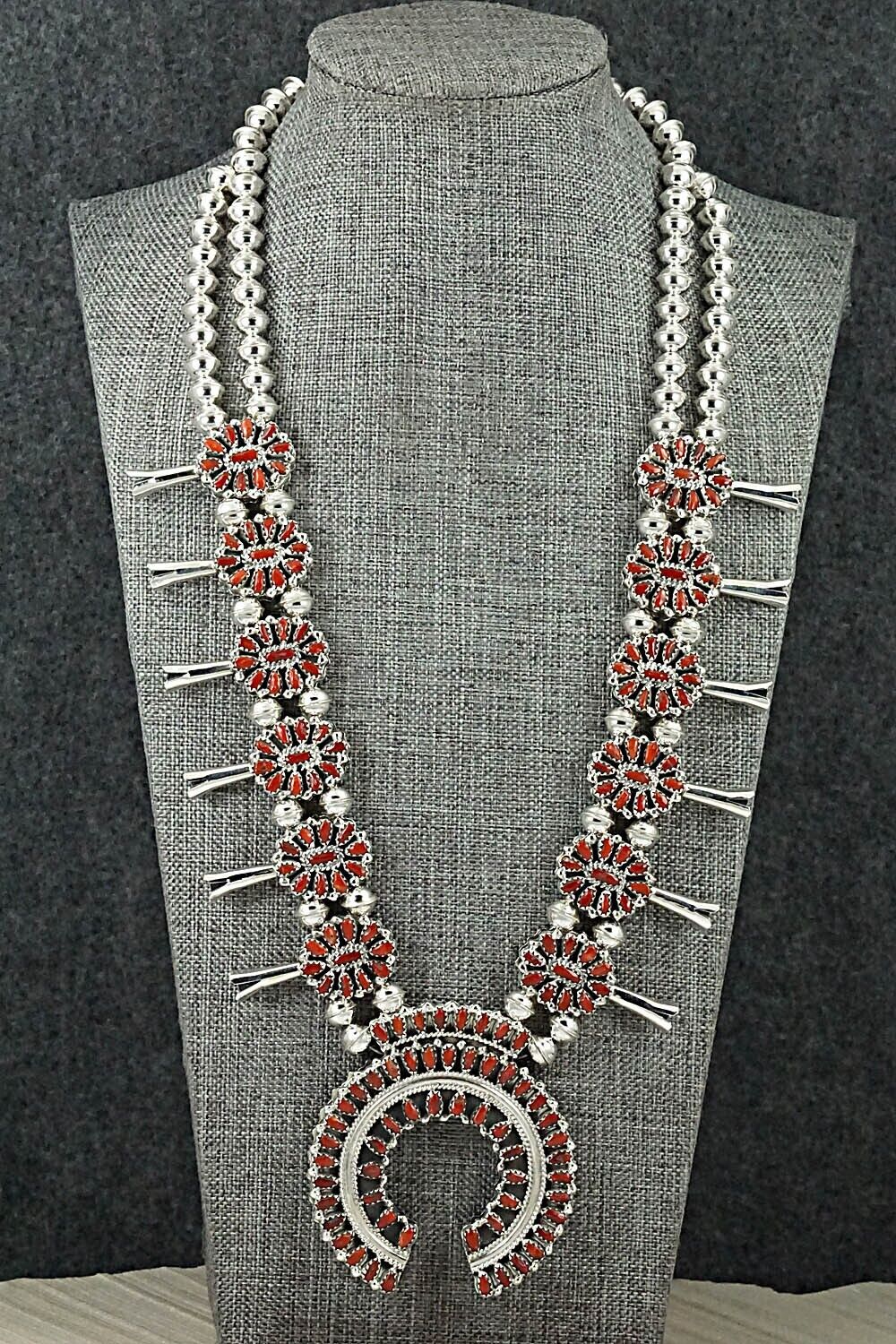 Turquoise, Coral & Sterling Silver Squash Blossom Set - Elton Jones