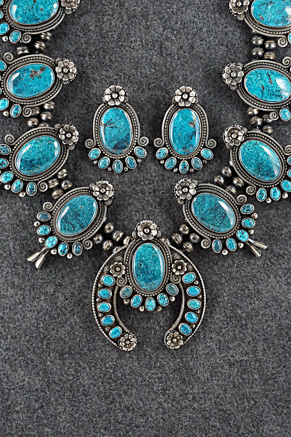 Turquoise & Sterling Silver Squash Blossom Necklace & Earrings - Myron Etsitty
