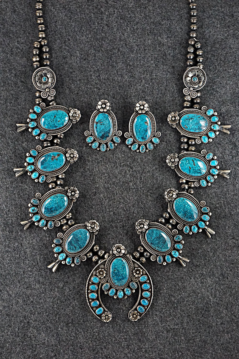 Turquoise & Sterling Silver Squash Blossom Necklace & Earrings - Myron Etsitty
