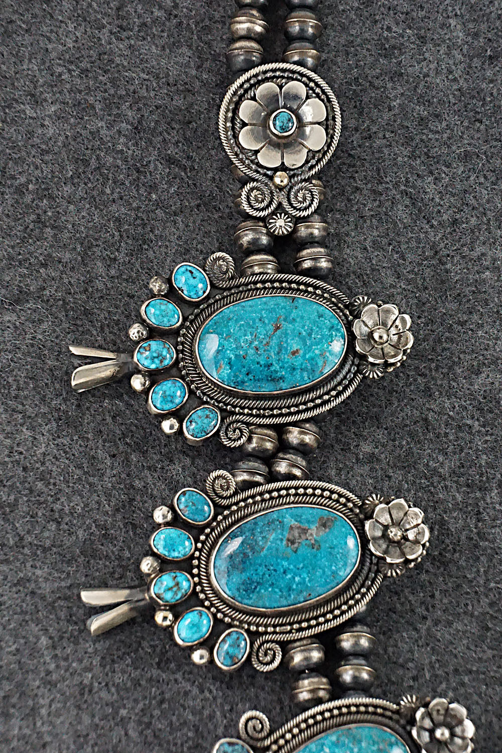 Turquoise & Sterling Silver Squash Blossom Necklace & Earrings - Myron Etsitty