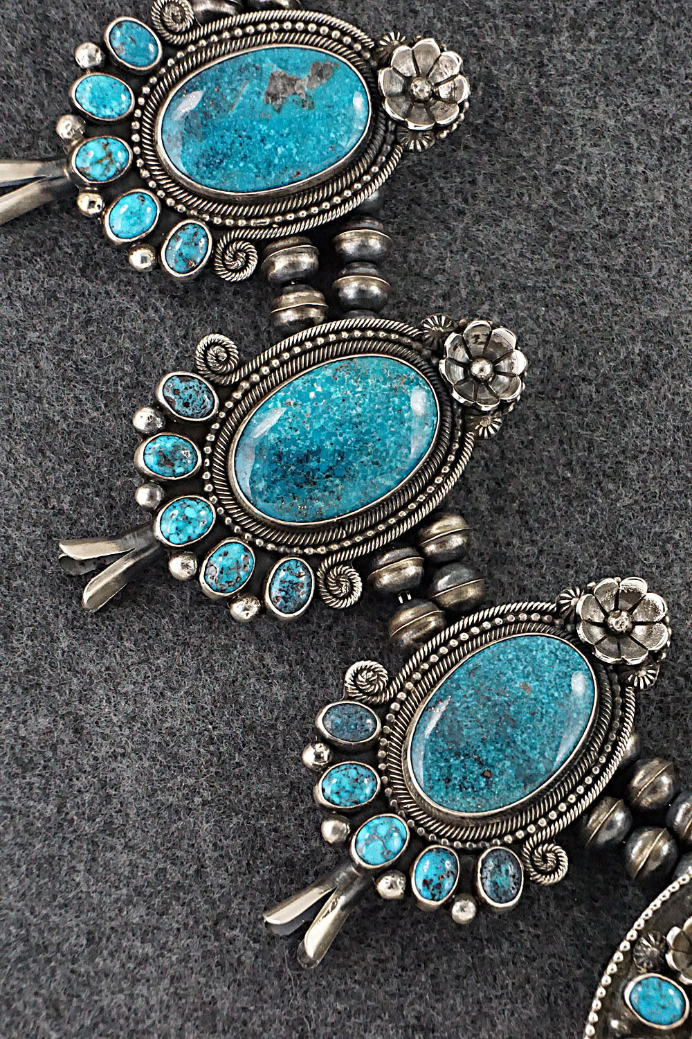 Turquoise & Sterling Silver Squash Blossom Necklace & Earrings - Myron Etsitty