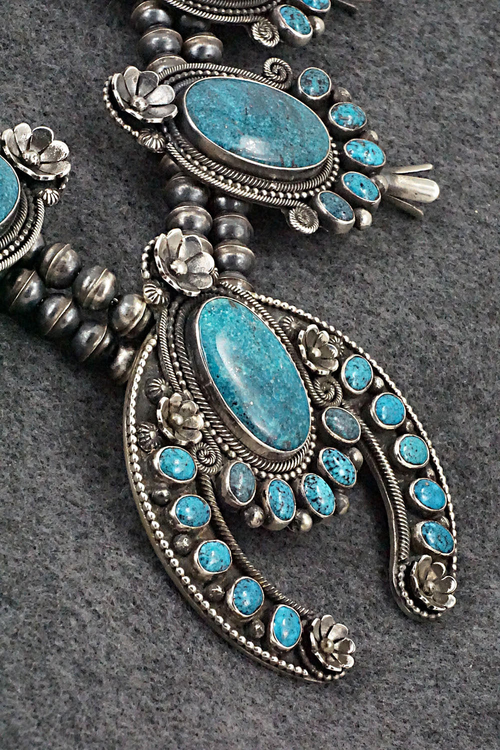 Turquoise & Sterling Silver Squash Blossom Necklace & Earrings - Myron Etsitty