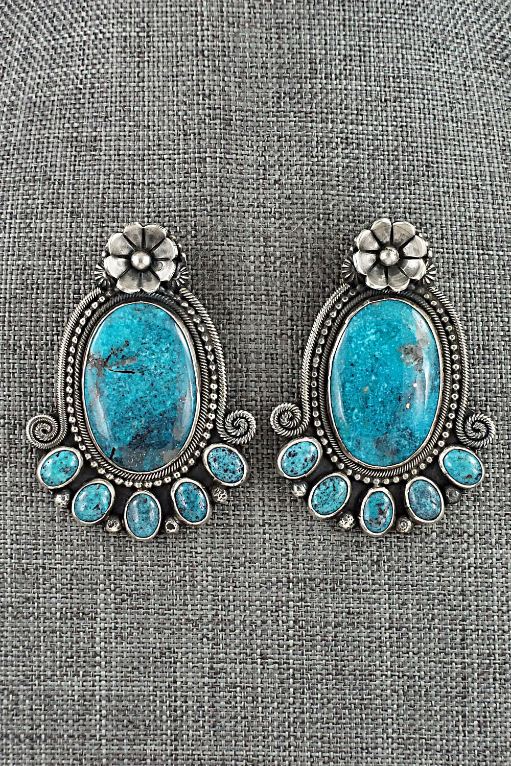 Turquoise & Sterling Silver Squash Blossom Necklace & Earrings - Myron Etsitty