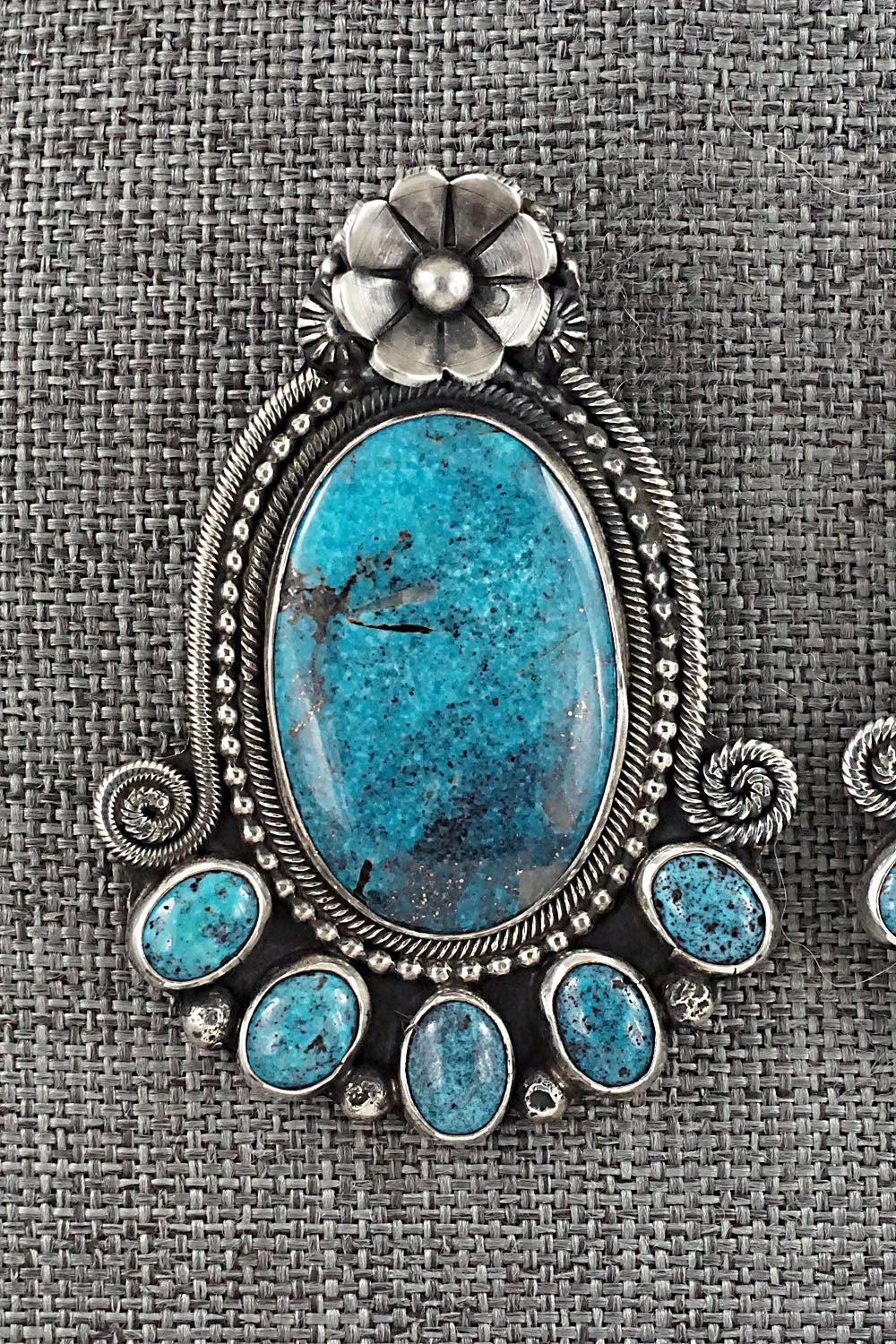 Turquoise & Sterling Silver Squash Blossom Necklace & Earrings - Myron Etsitty