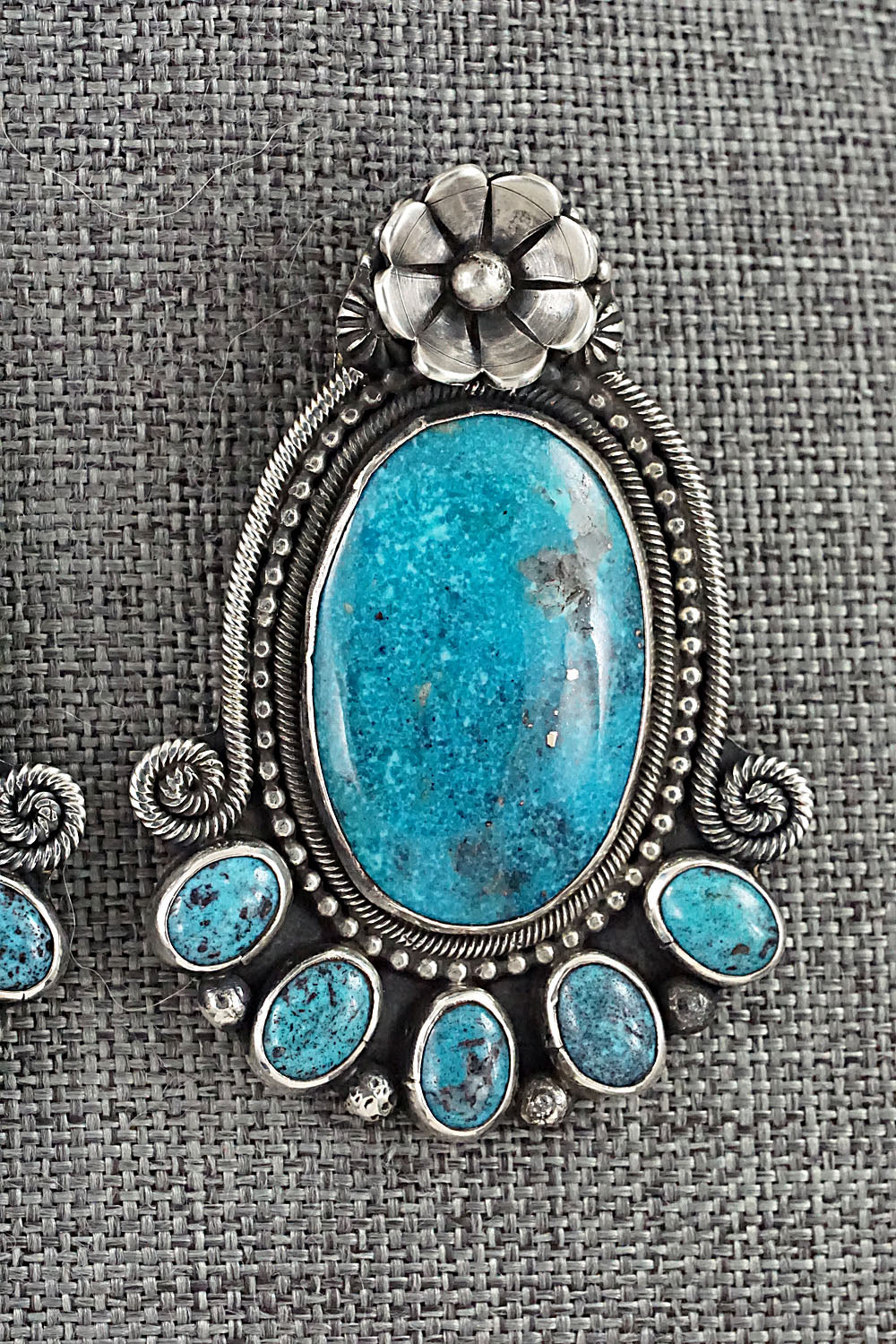 Turquoise & Sterling Silver Squash Blossom Necklace & Earrings - Myron Etsitty