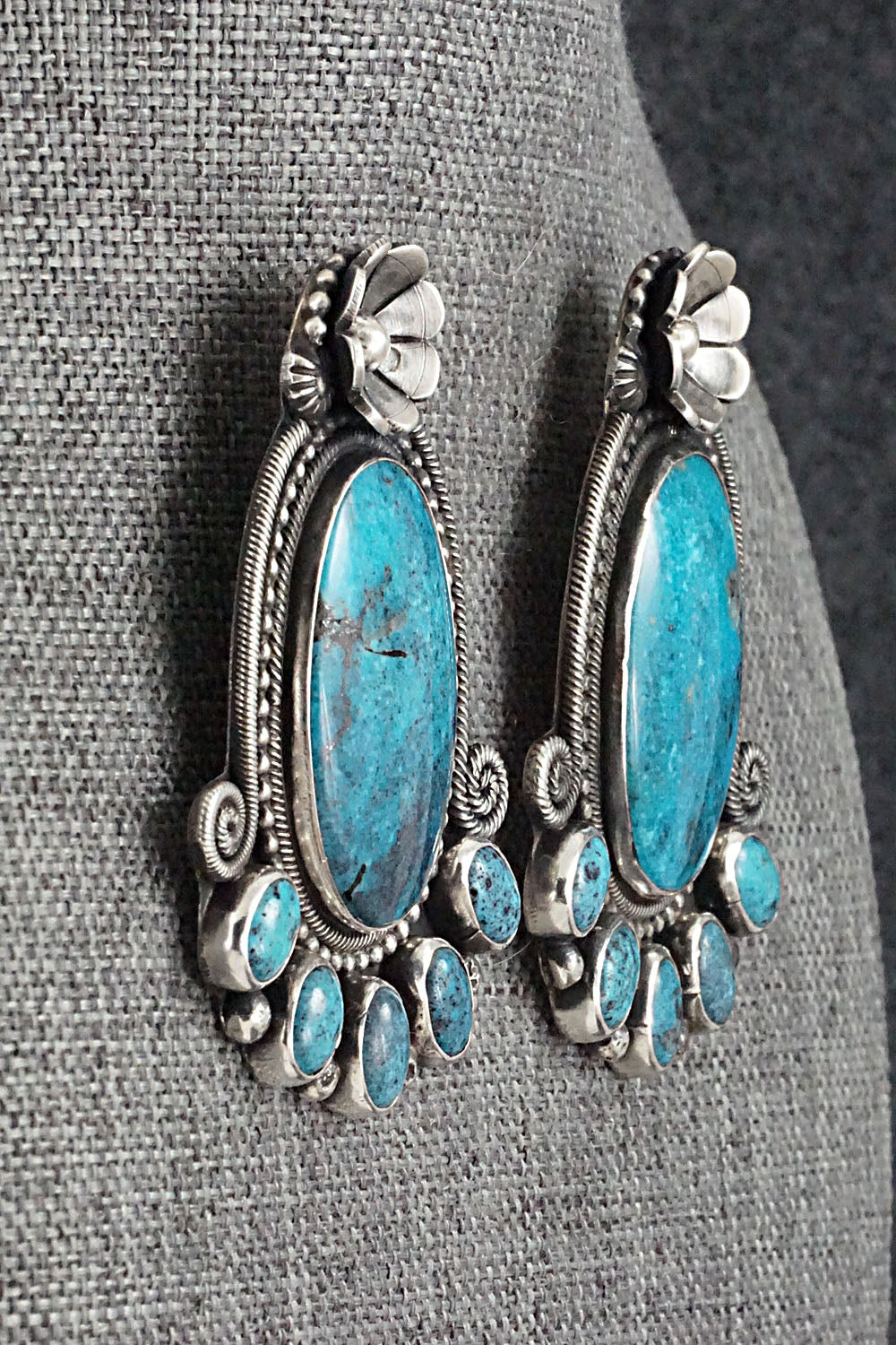 Turquoise & Sterling Silver Squash Blossom Necklace & Earrings - Myron Etsitty
