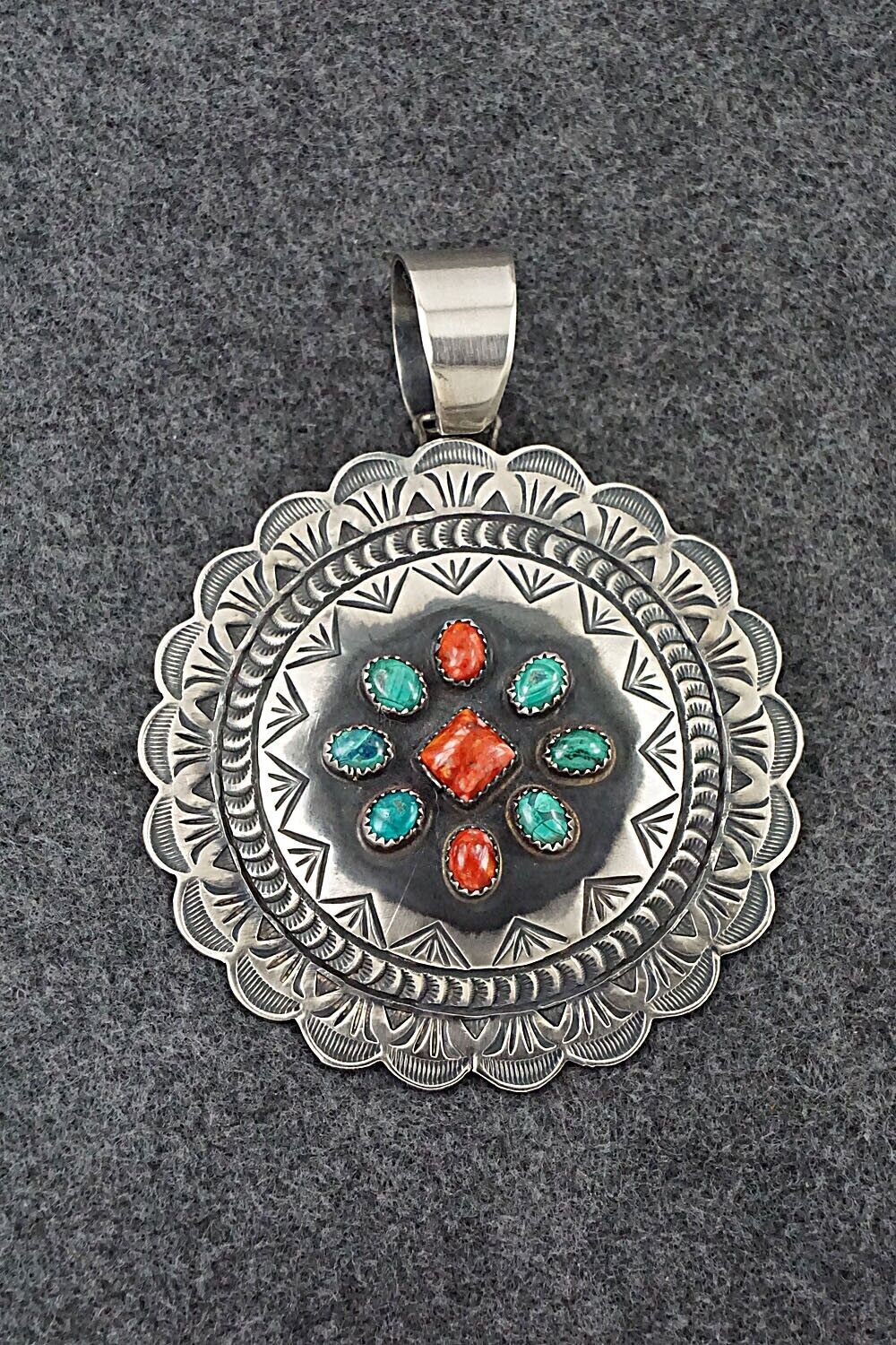 Malachite, Spiny Oyster & Sterling Silver Pendant - Shawn Cayatineto