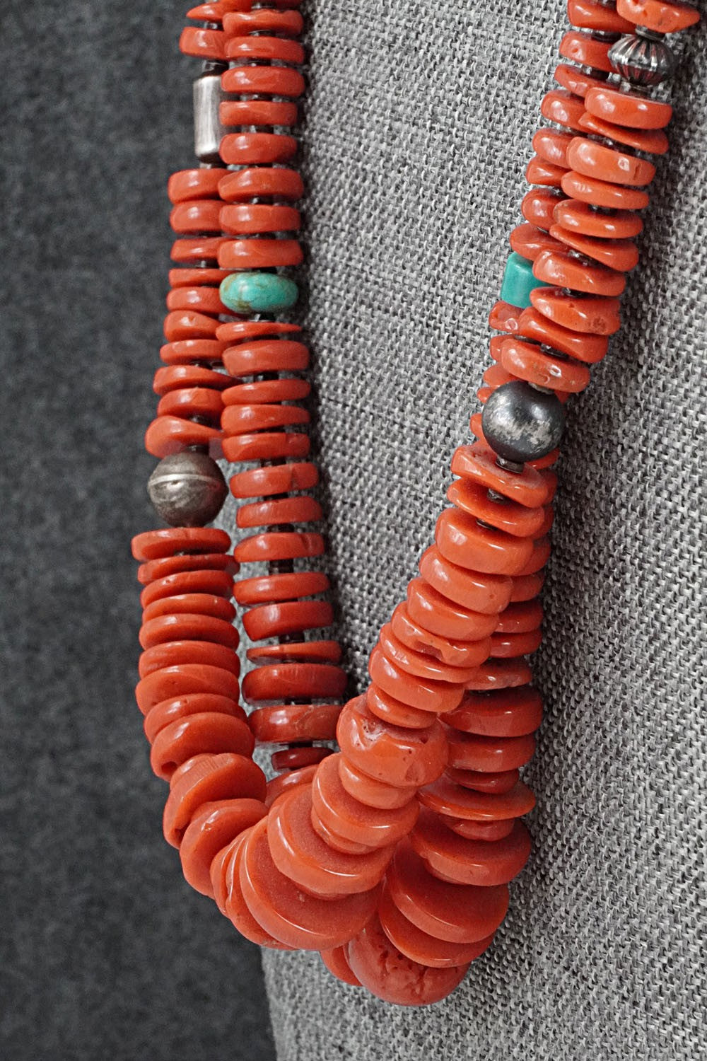 Coral, Turquoise & Sterling Silver Necklace 36" - Helen Tsosie