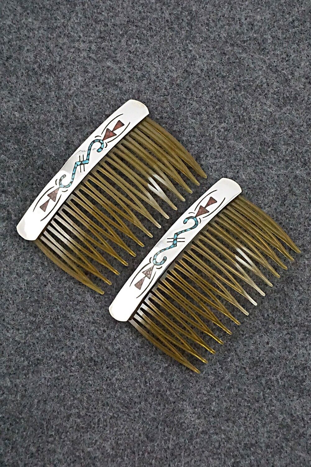 Turquoise, Coral & Sterling Silver Hair Combs - Jolene Yazzie