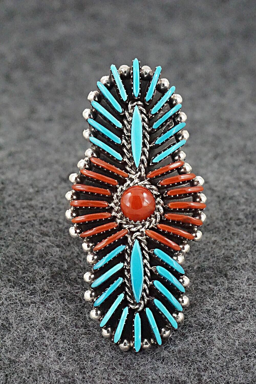 Turquoise, Coral & Sterling Silver Ring - Edmund Cooeyate - Size 7.5