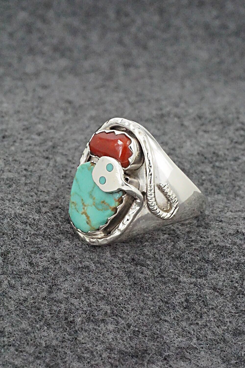 Turquoise, Coral & Sterling Silver Ring - Joy Calavaza - Size 10.5