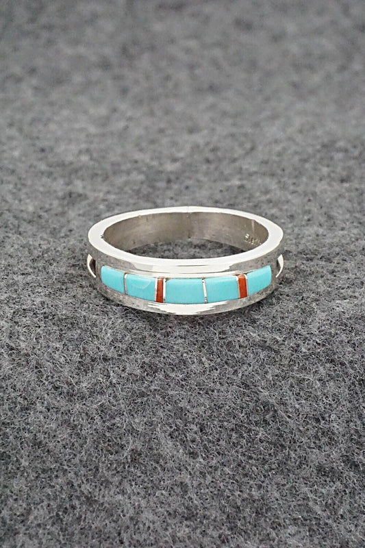 Turquoise, Coral & Sterling Silver Ring - Wilbert Muskett - Size 11.5