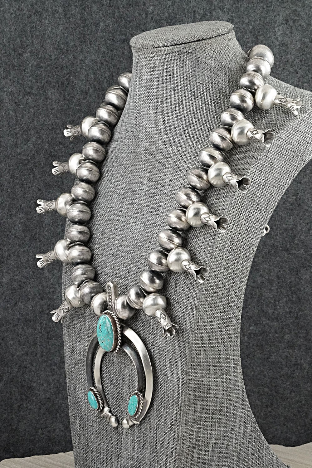 Turquoise & Sterling Silver Navajo Pearl Squash Blossom Necklace - Chris Hale