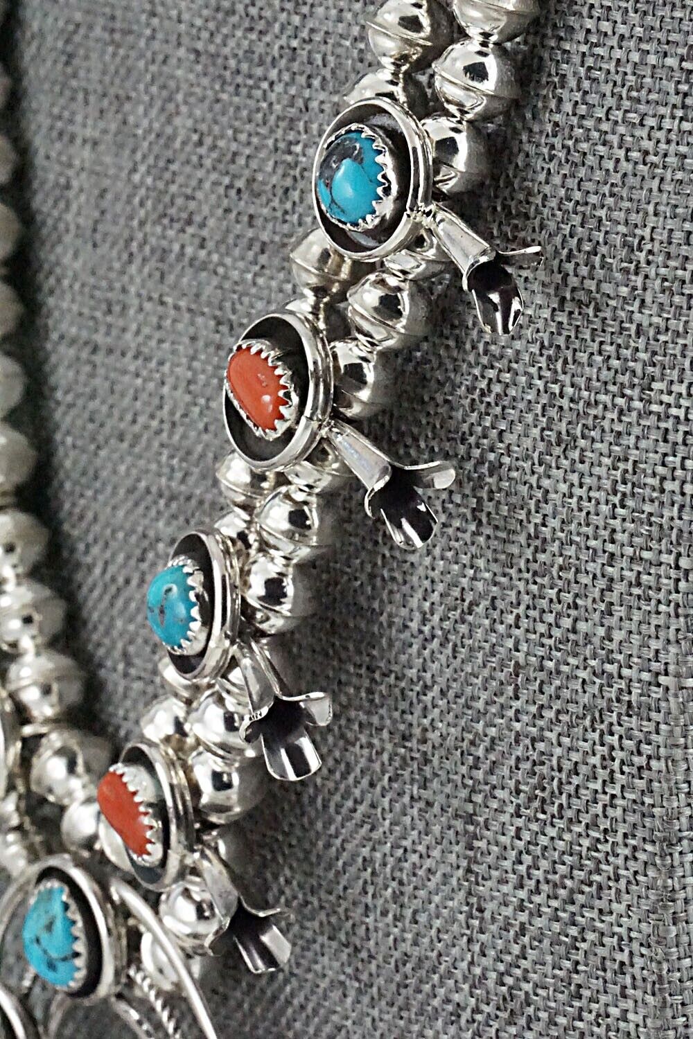 Turquoise, Coral & Sterling Silver Mini Squash Blossom Set - Phil Garcia