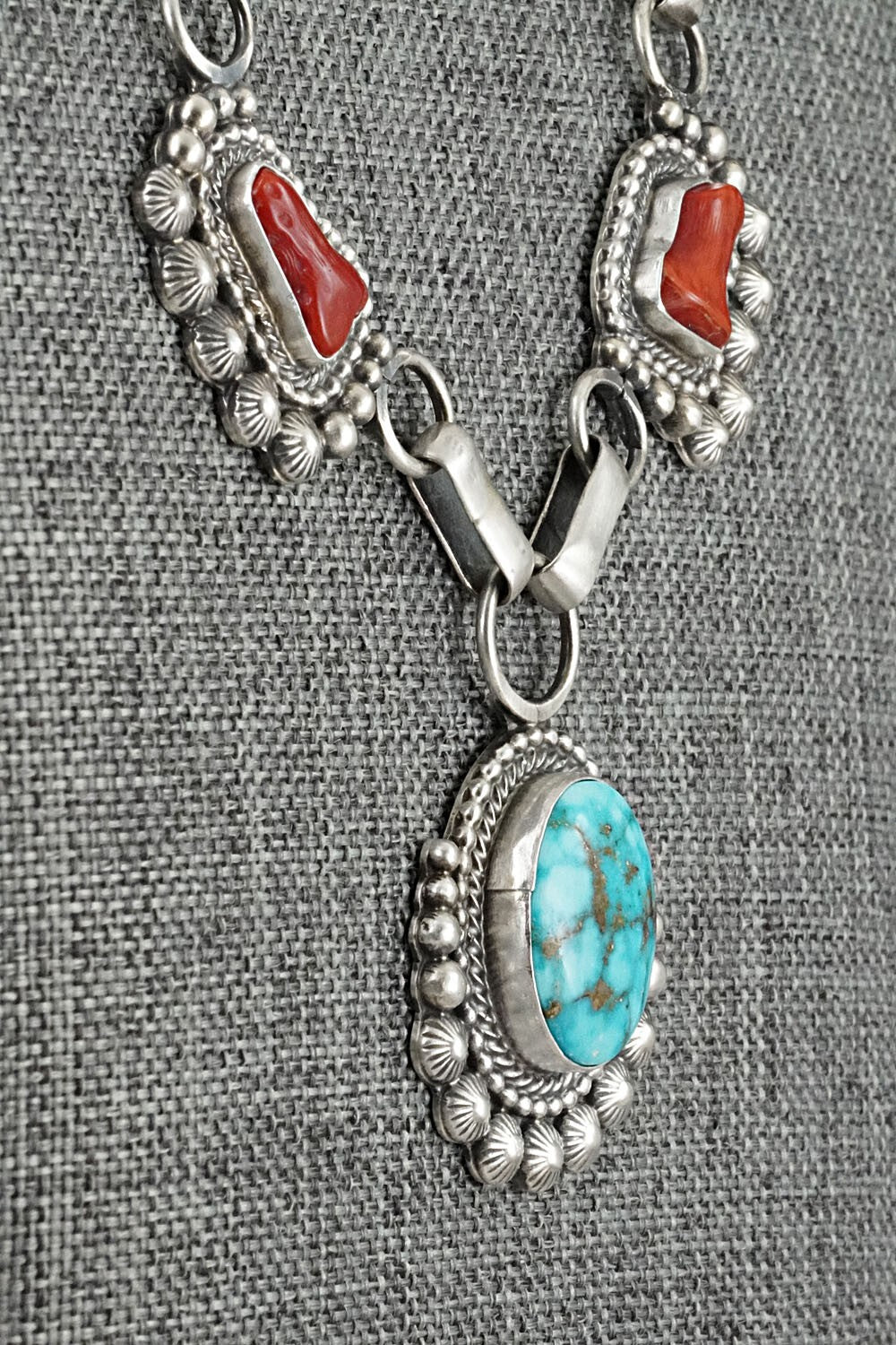 Turquoise, Coral & Sterling Silver Necklace and Earrings Set - Tom Lewis