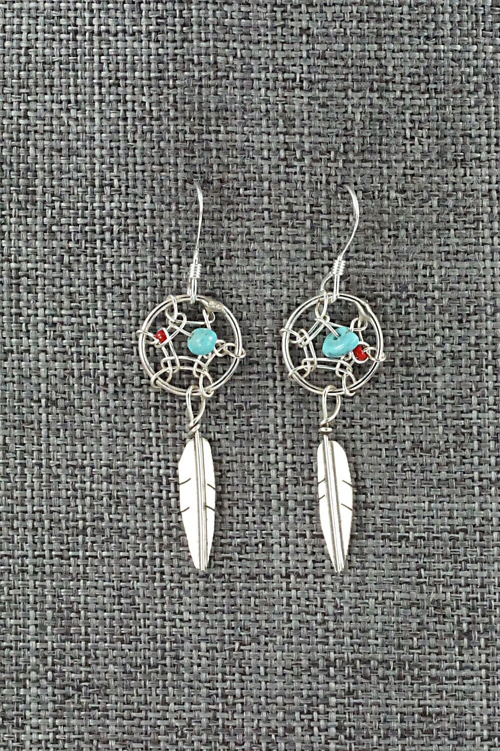 Turquoise, Coral & Sterling Silver Earrings - Lorenzo Arviso Jr.