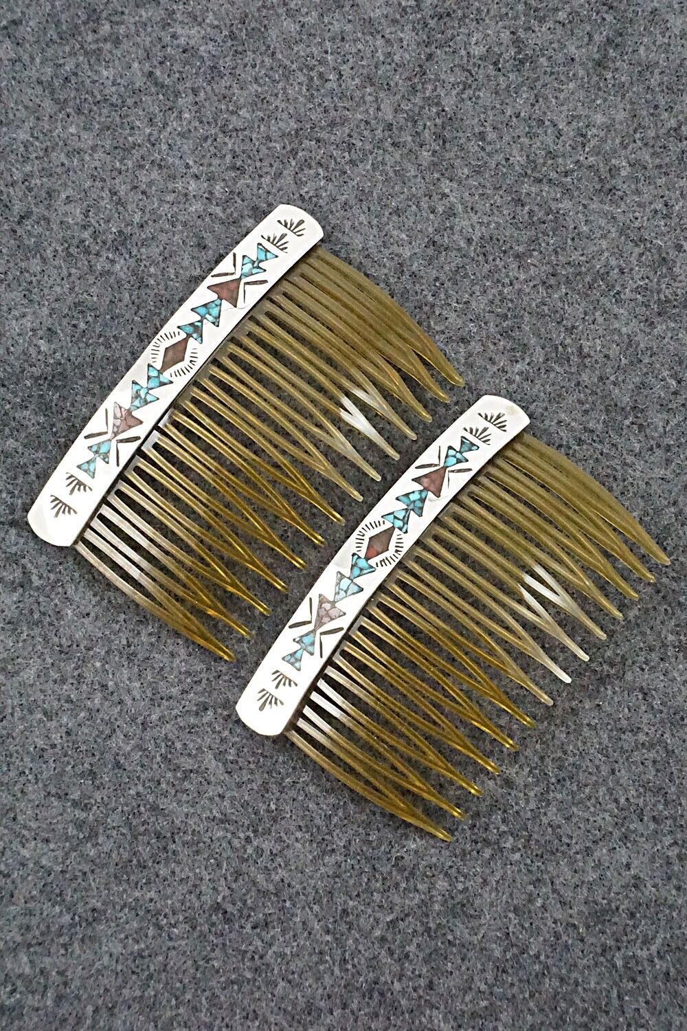 Turquoise, Coral & Sterling Silver Hair Combs - Jolene Yazzie