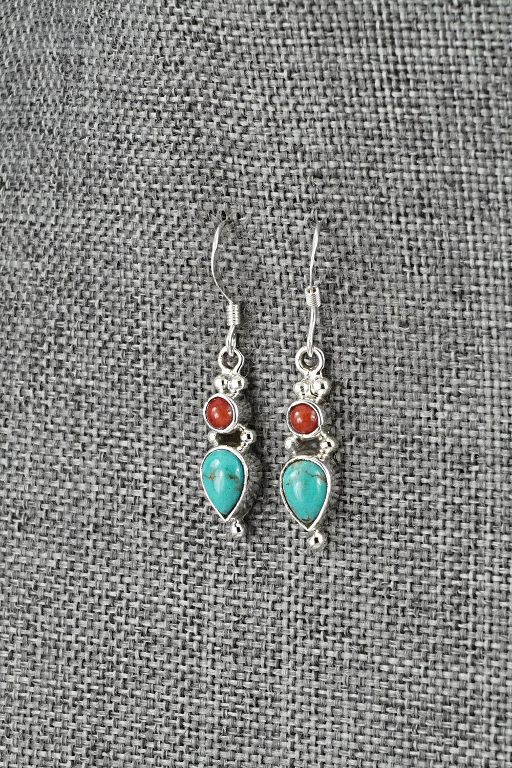 Turquoise, Coral & Sterling Silver Earrings - Gary Shorty