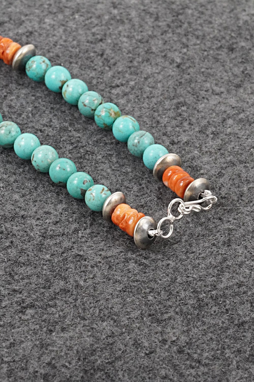 Turquoise, Spiny Oyster & Sterling Silver Necklace 20" - Doreen Jake