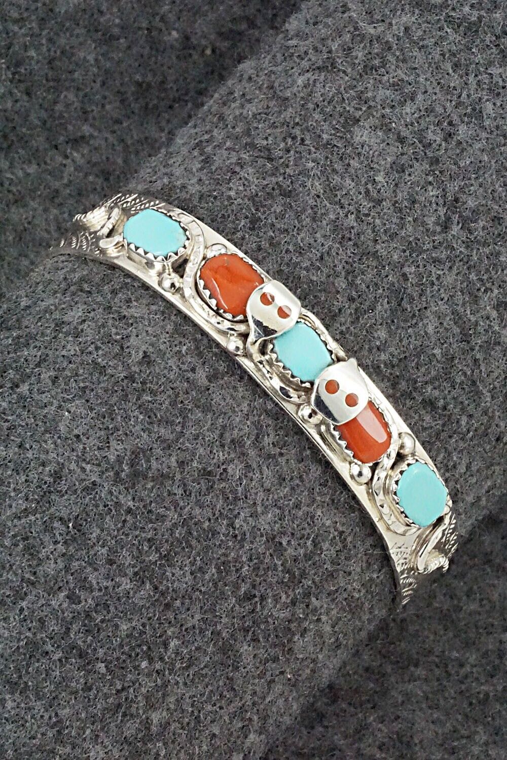 Turquoise, Coral & Sterling Silver Bracelet - Joy Calavaza