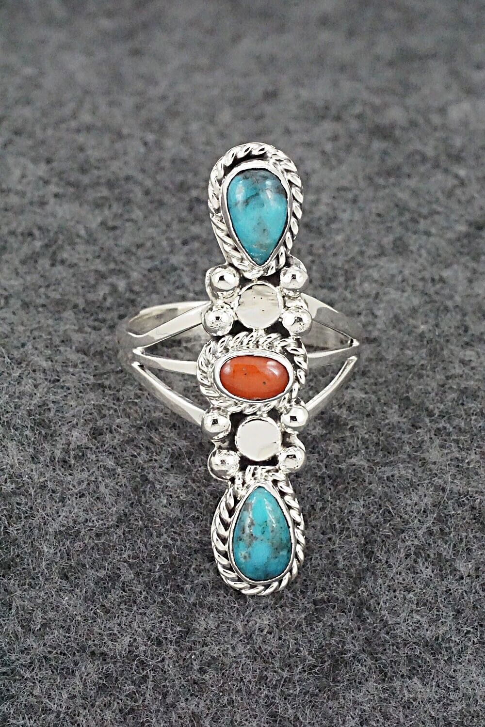Turquoise, Coral & Sterling Silver Ring - Andrew Vandever - Size 9