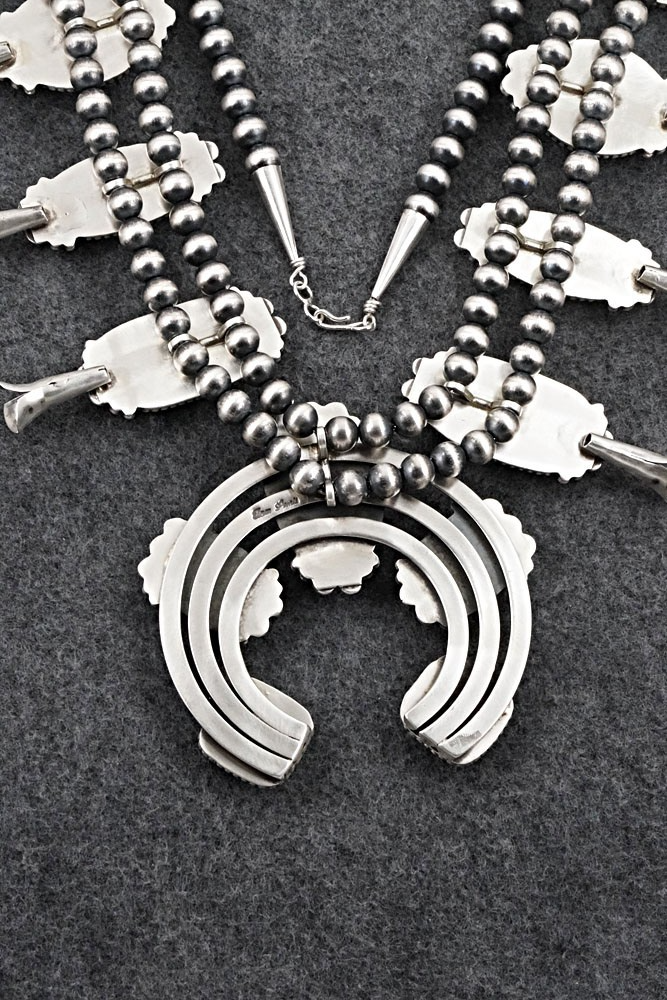 Turquoise, Spiny Oyster & Sterling Silver Squash Blossom Necklace - Tom Lewis