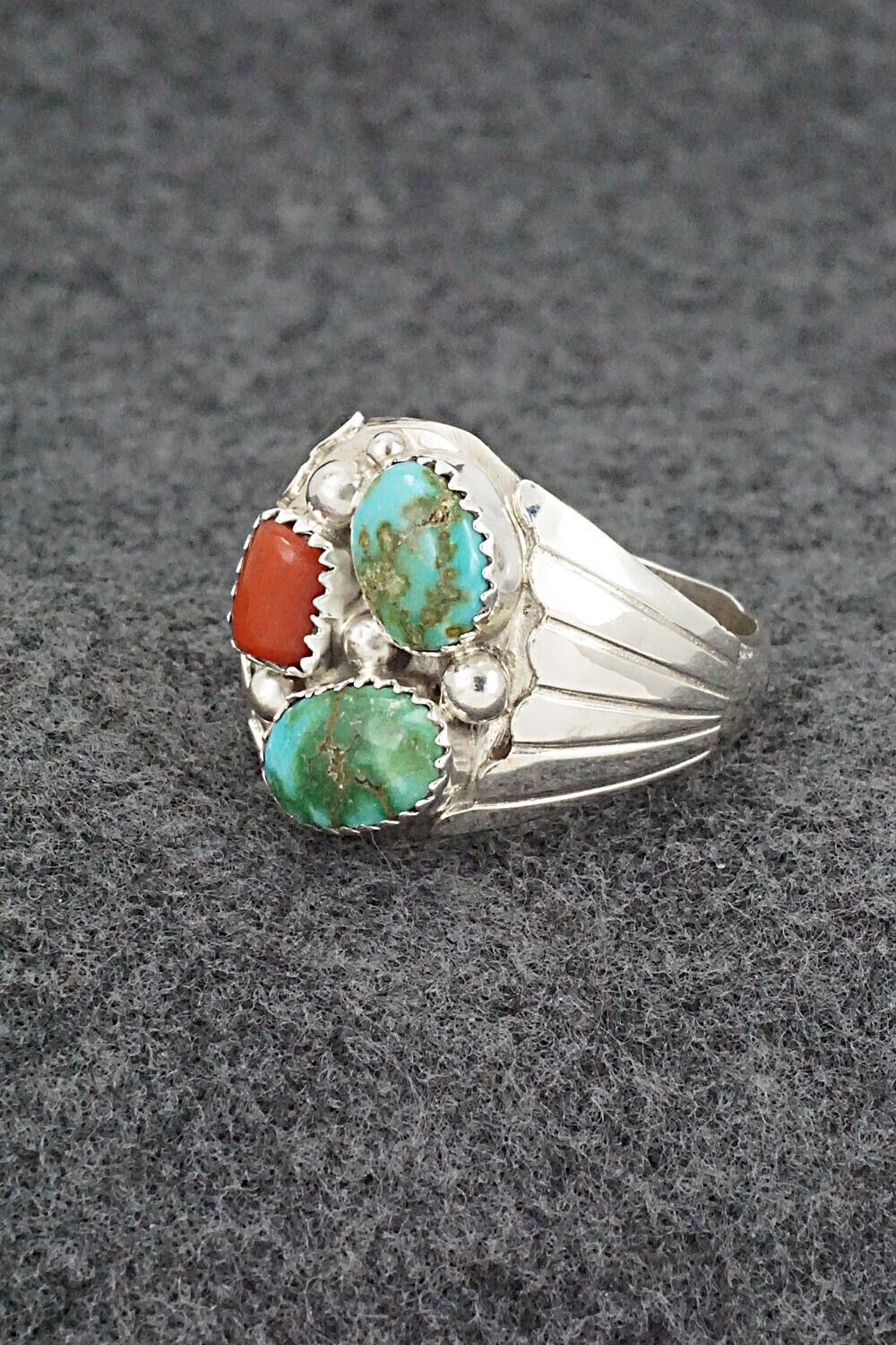 Turquoise, Coral and Sterling Silver Ring - Annie Spencer - Size 13.25