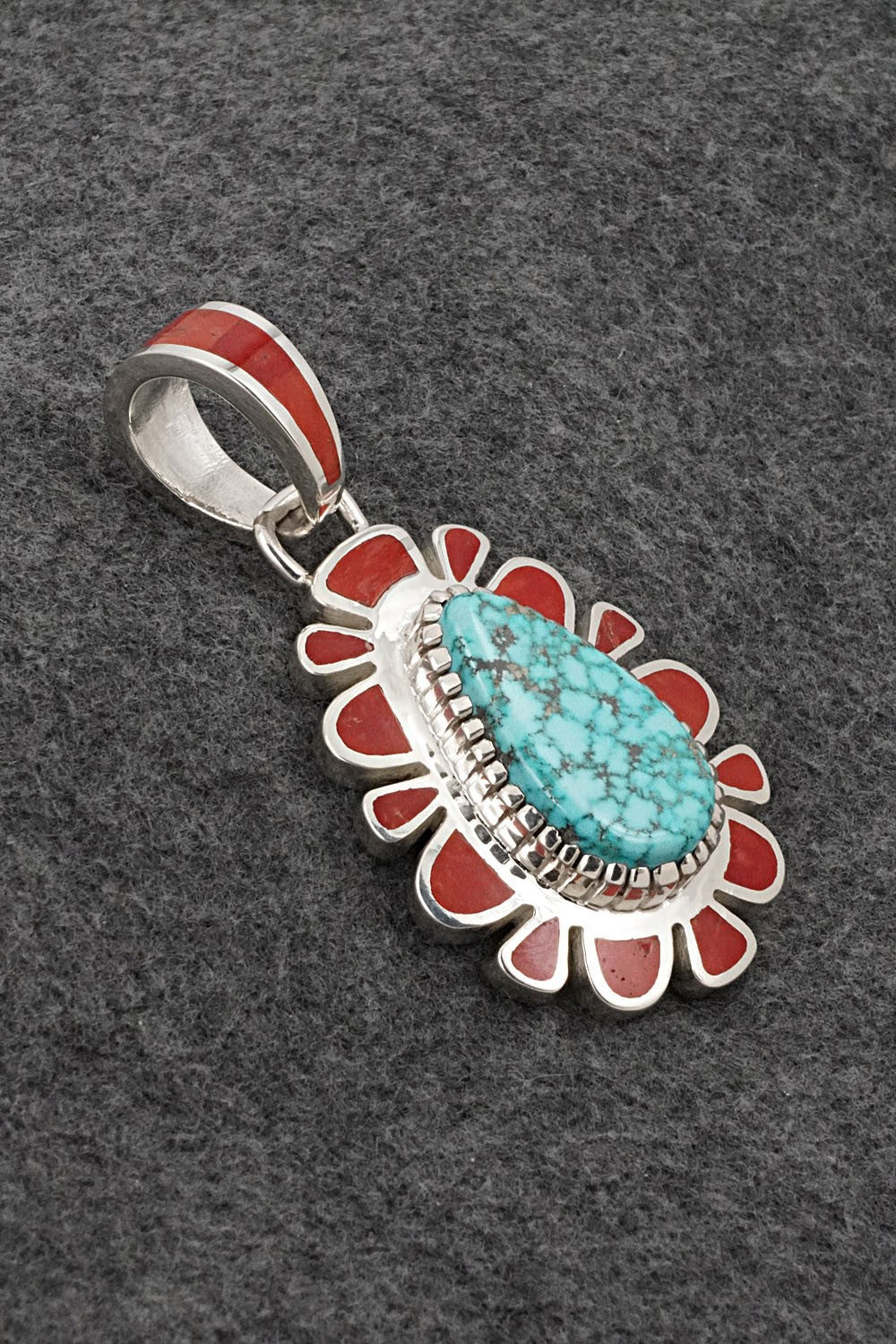 Turquoise, Coral & Sterling Silver Pendant - Vernon Haskie