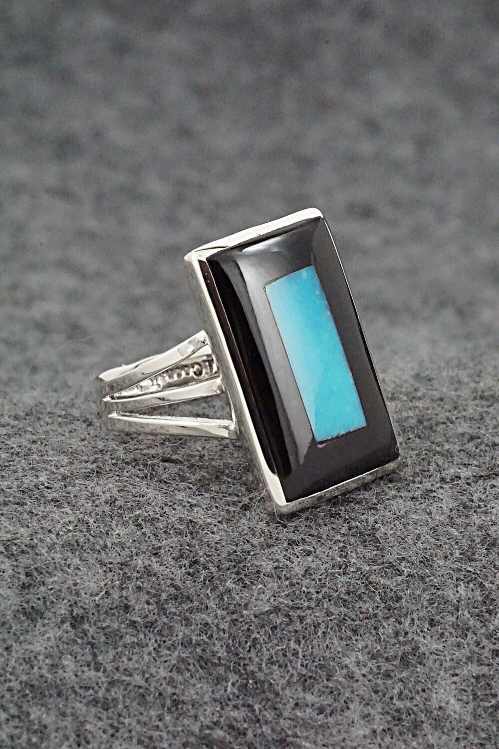 Turquoise, Onyx & Sterling Silver Ring - Harlan Coonsis - Size 6.75