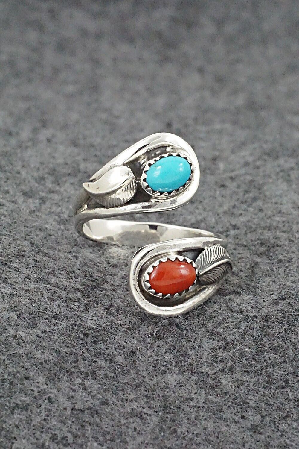 Turquoise, Coral & Sterling Silver Ring - Angela Platero - Size 9.5