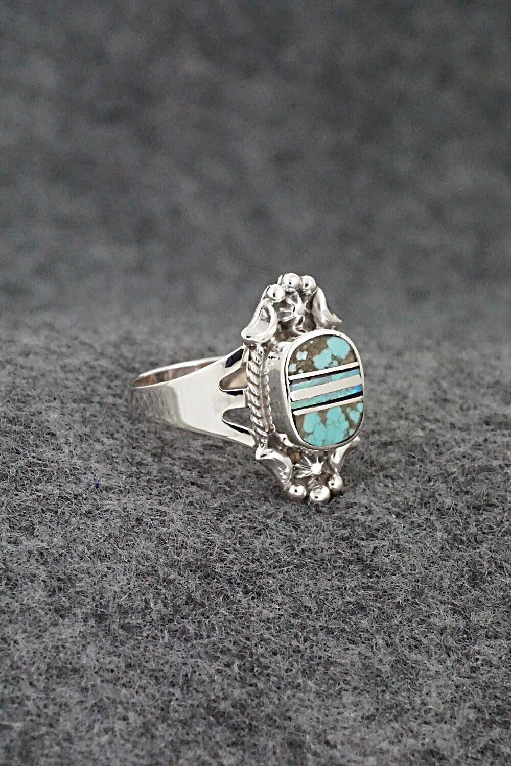 Turquoise, Opalite & Sterling Silver Inlay Ring - James Manygoats - Size 7.5