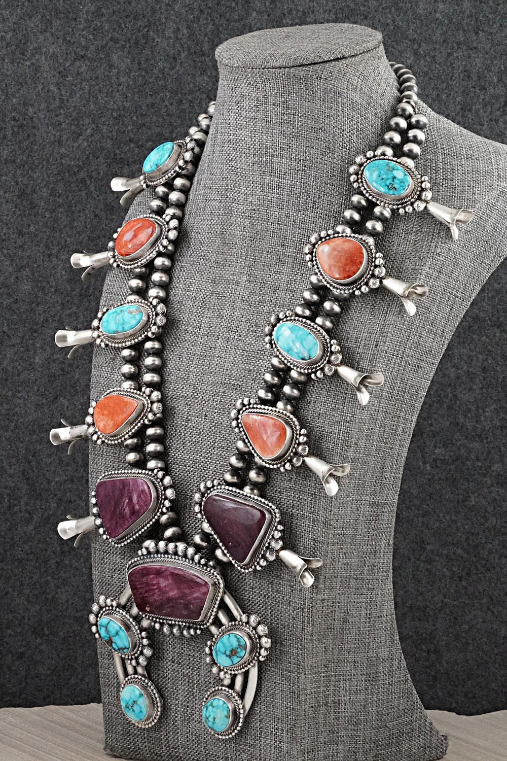 Turquoise, Spiny Oyster & Sterling Silver Squash Blossom Necklace - Tom Lewis