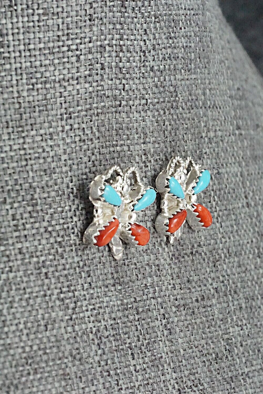 Turquoise, Coral & Sterling Silver Earrings - Erva Quam