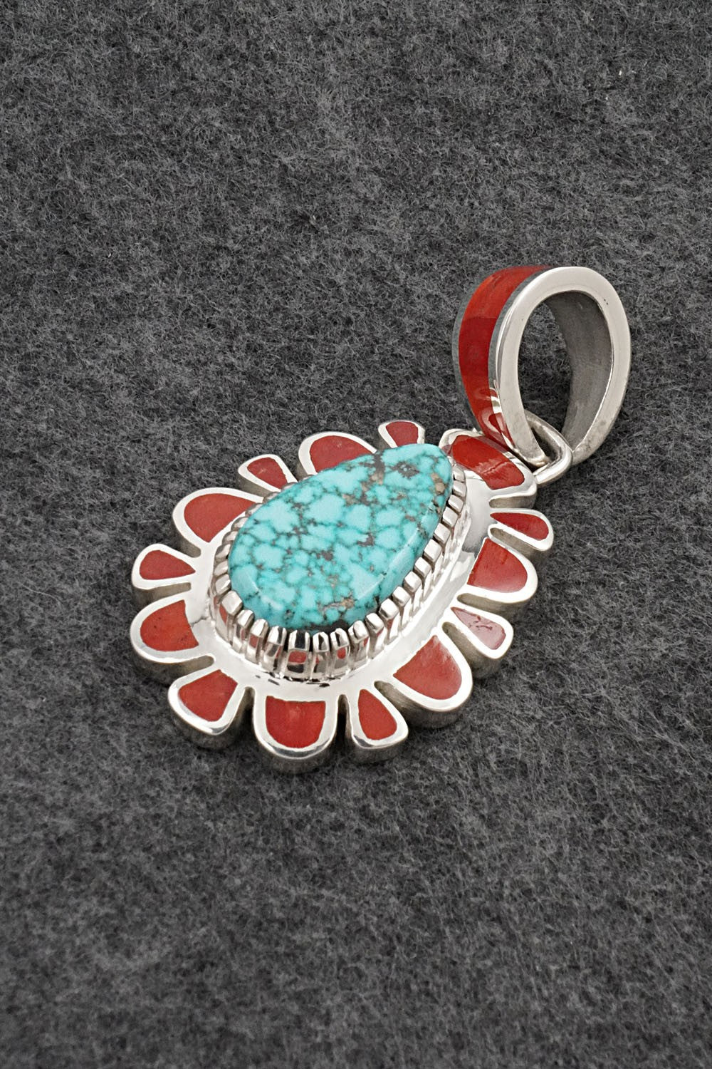 Turquoise, Coral & Sterling Silver Pendant - Vernon Haskie
