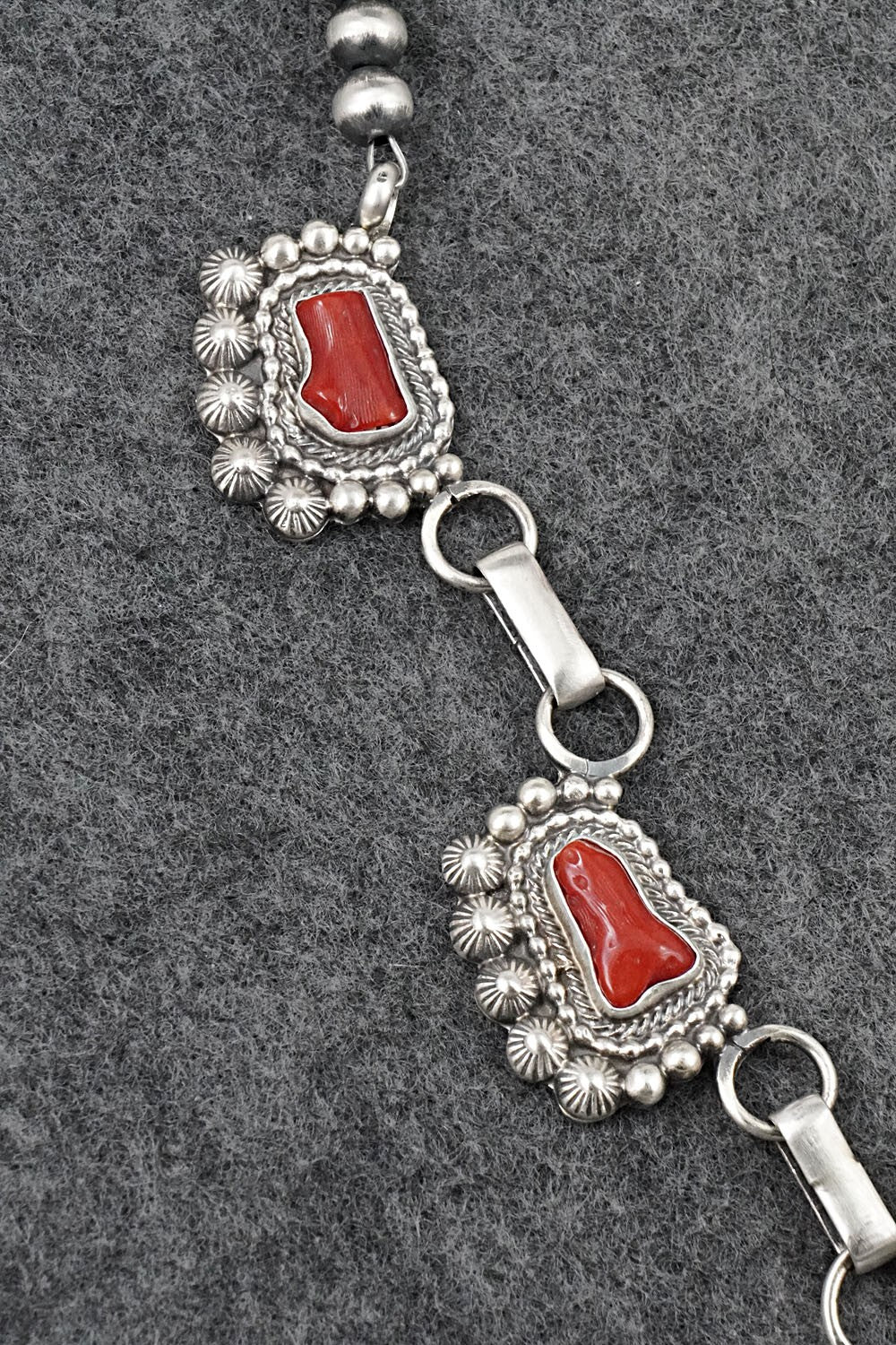 Turquoise, Coral & Sterling Silver Necklace and Earrings Set - Tom Lewis