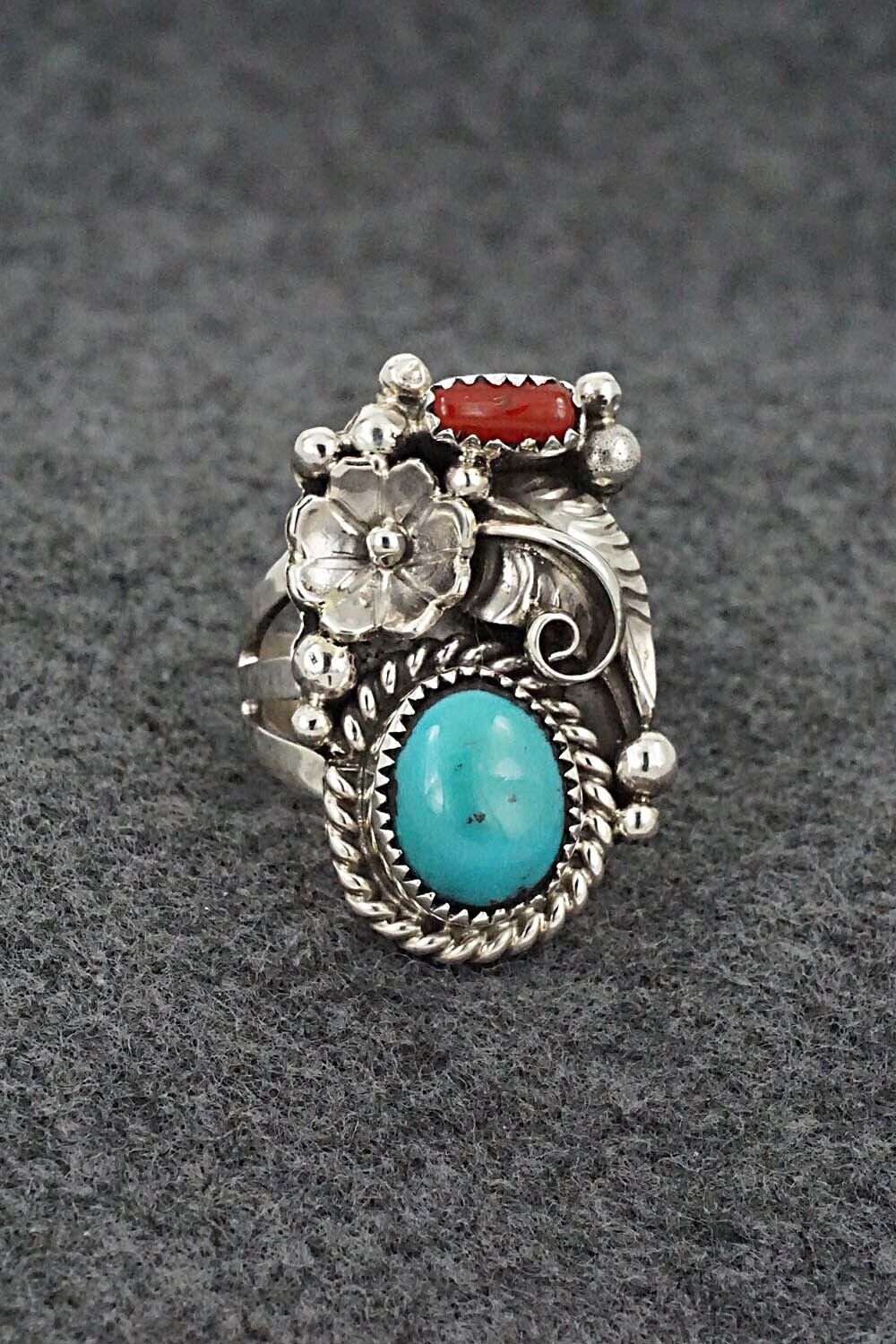 Turquoise, Coral & Sterling Silver Ring - Sandra Parkett - Size 7.75