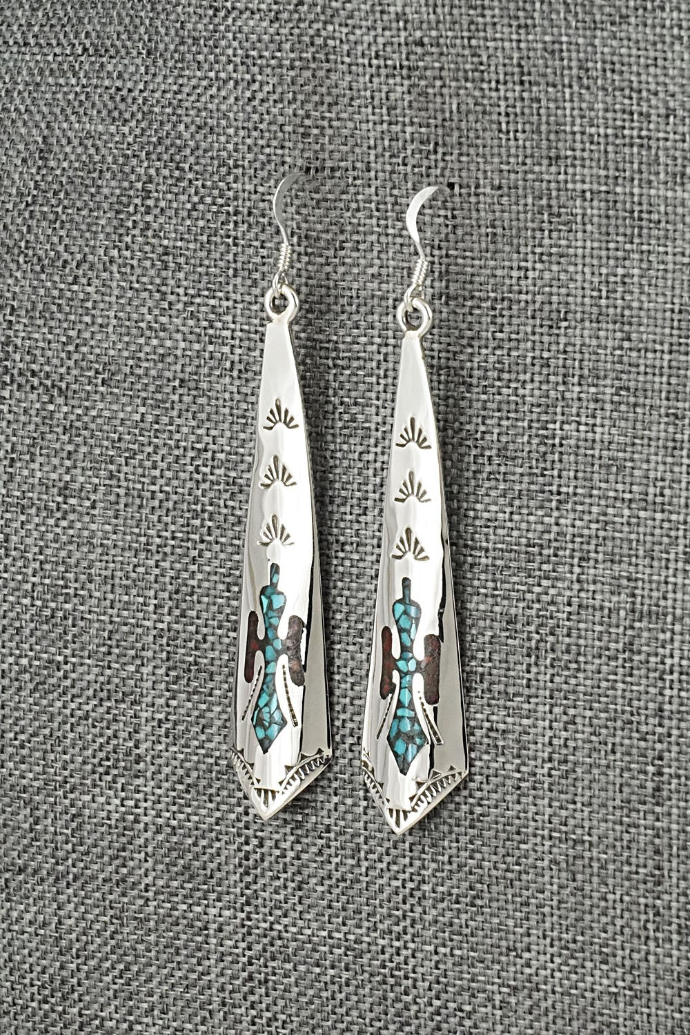 Turquoise, Coral Chip & Sterling Silver Earrings - Joleen Yazzie