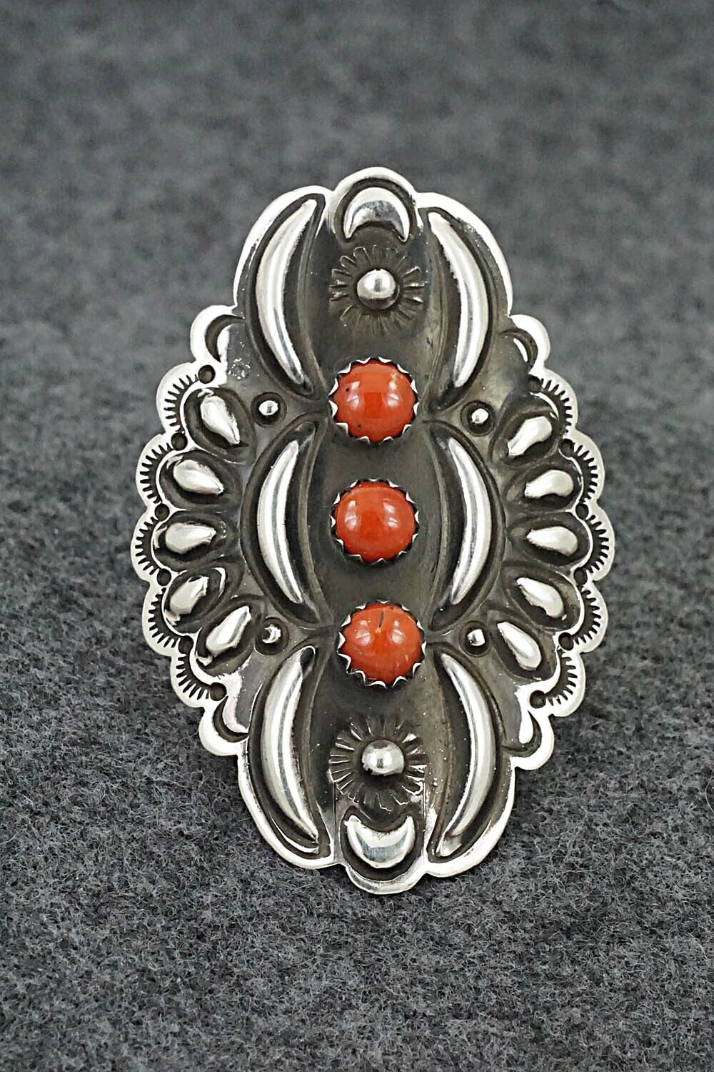 Coral & Sterling Silver Ring - Leander Tahe - Size 9
