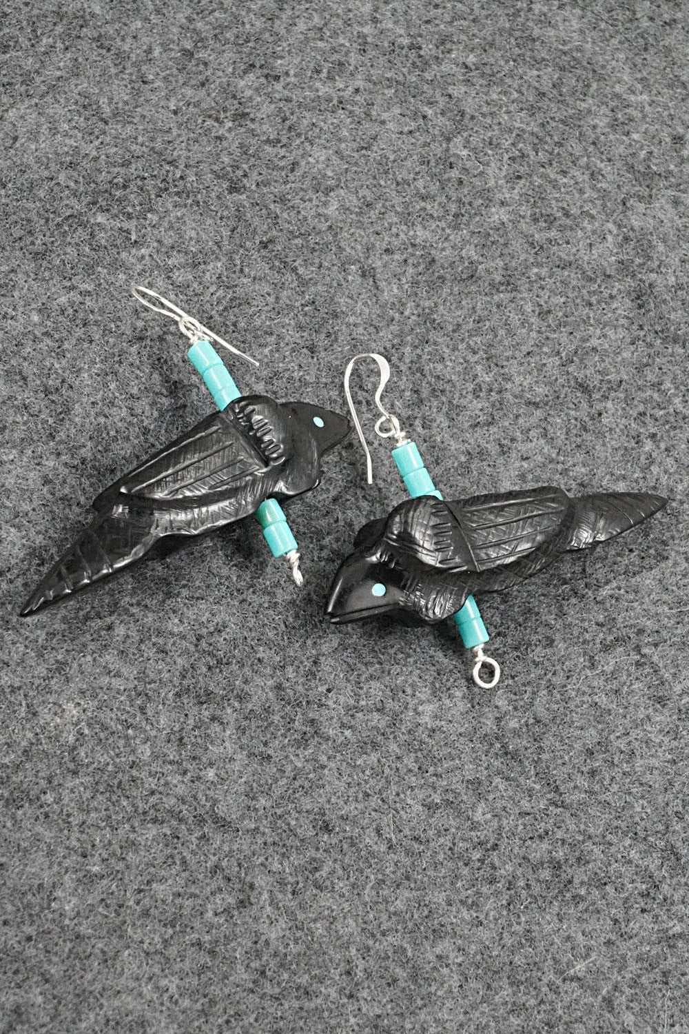 Turquoise, Jet Zuni Fetish & Sterling Silver Earrings - Herbert Halate