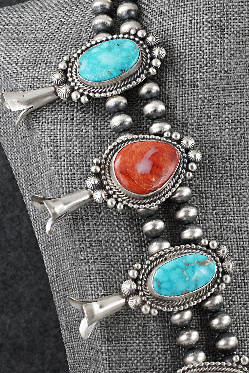 Turquoise, Spiny Oyster & Sterling Silver Squash Blossom Necklace - Tom Lewis