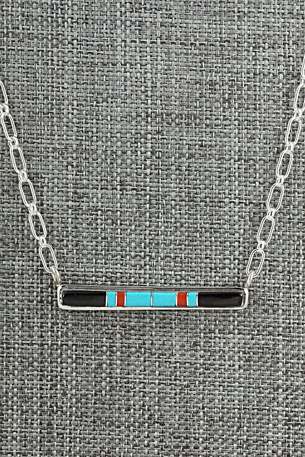 Turquoise, Coral, Onyx & Sterling Silver Inlay Necklace - Roland Natachu