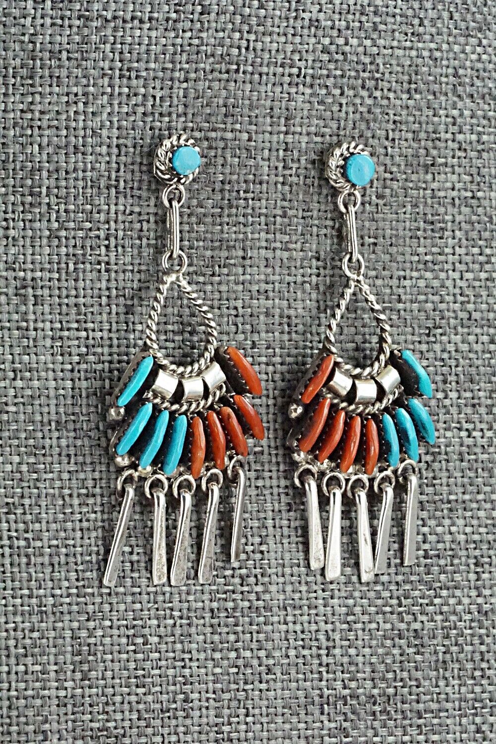 Turquoise, Coral & Sterling Silver Earrings - Edmund Cooeyate