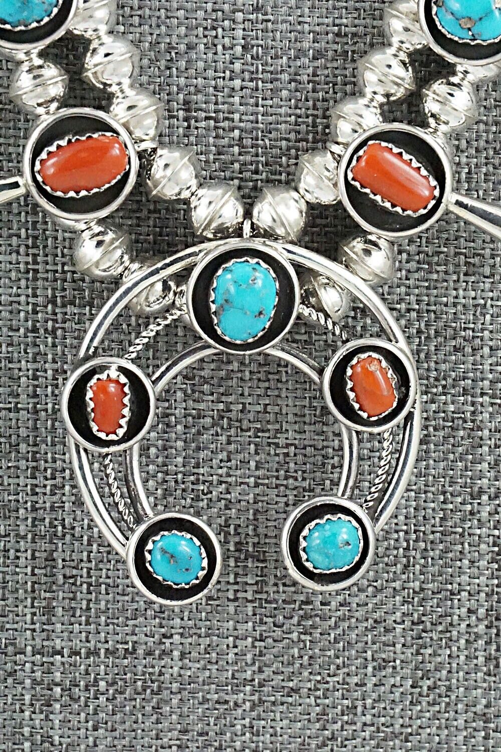 Turquoise, Coral & Sterling Silver Mini Squash Blossom Set - Phil Garcia
