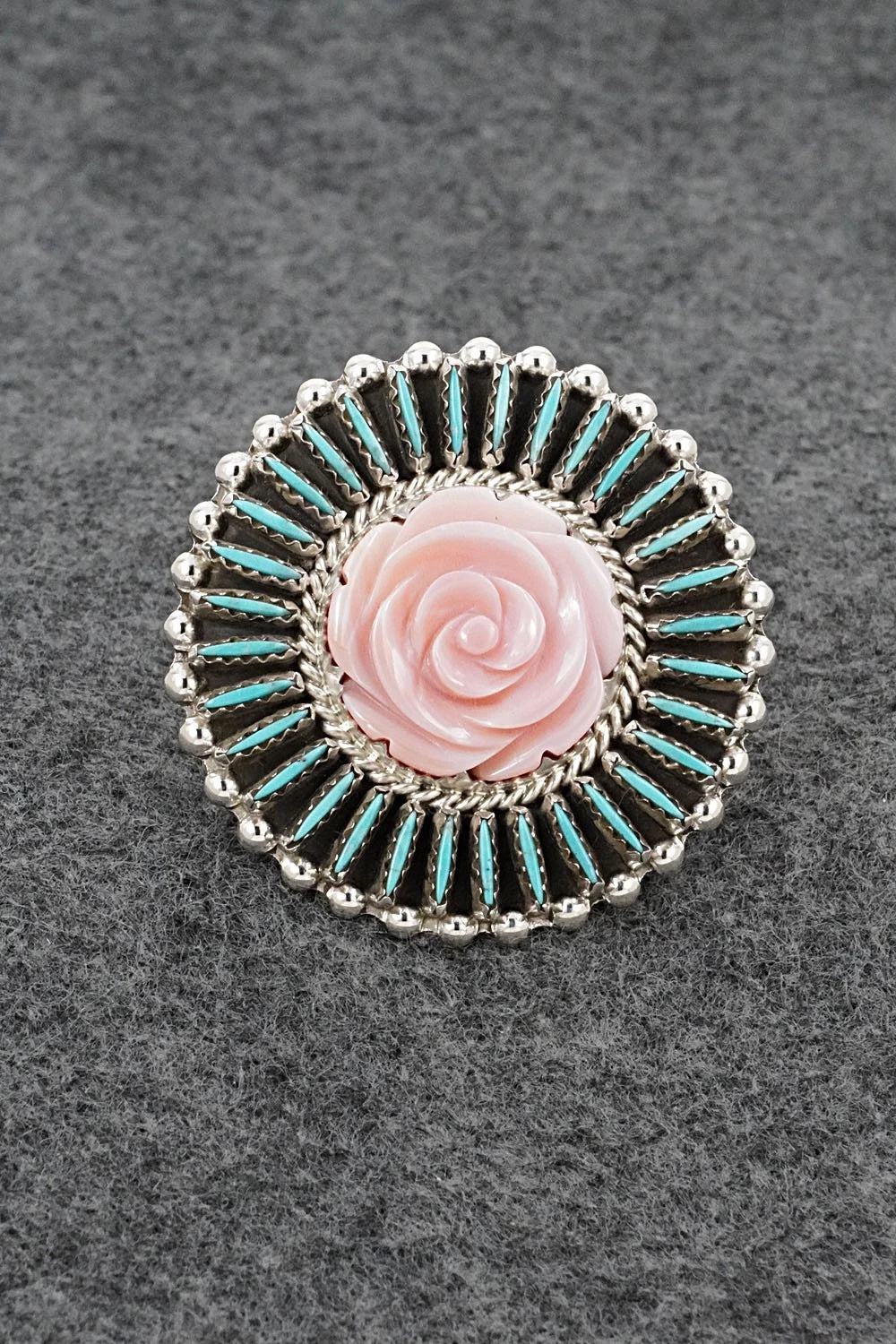 Turquoise, Pink Conch & Sterling Silver Ring - Roland Francisco - Size Adj.