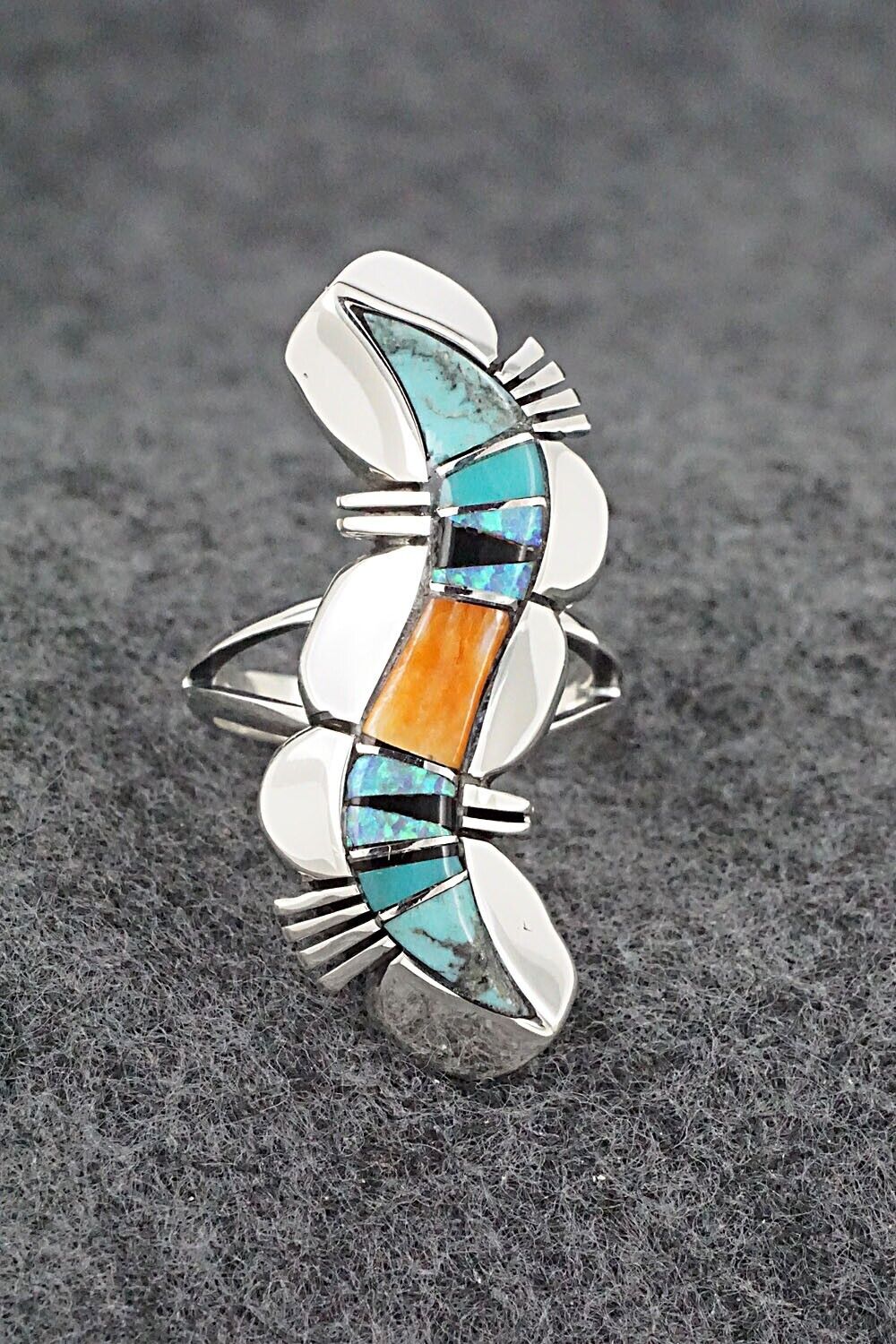 Multi-Stone & Sterling Silver Inlay Ring - James Manygoats - Size 6.5