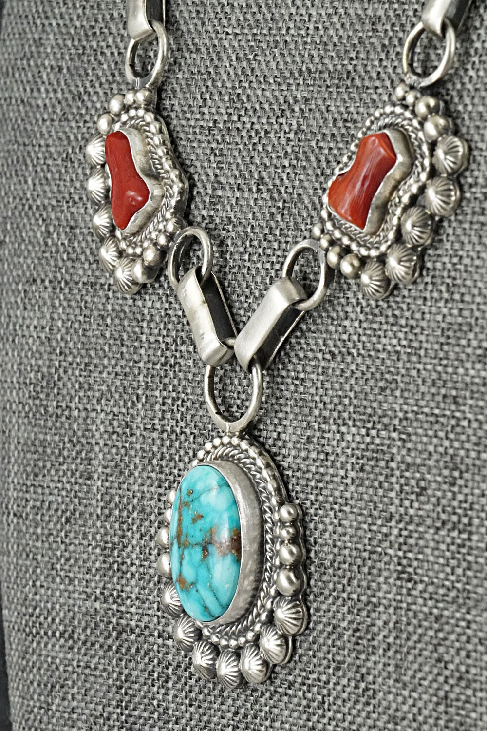 Turquoise, Coral & Sterling Silver Necklace and Earrings Set - Tom Lewis