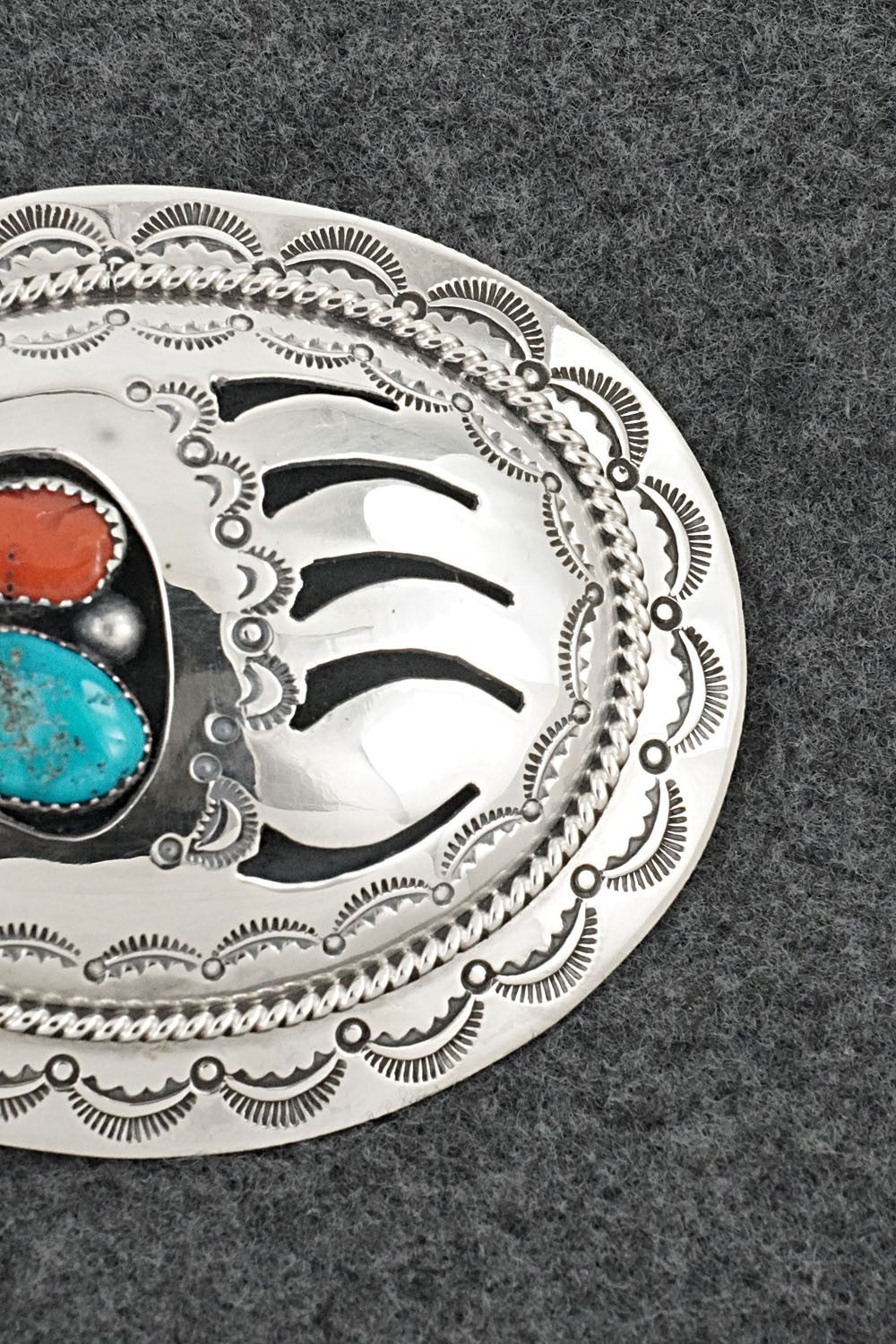 Turquoise, Coral & Sterling Silver Belt Buckle - Wilbert Muskett Sr.