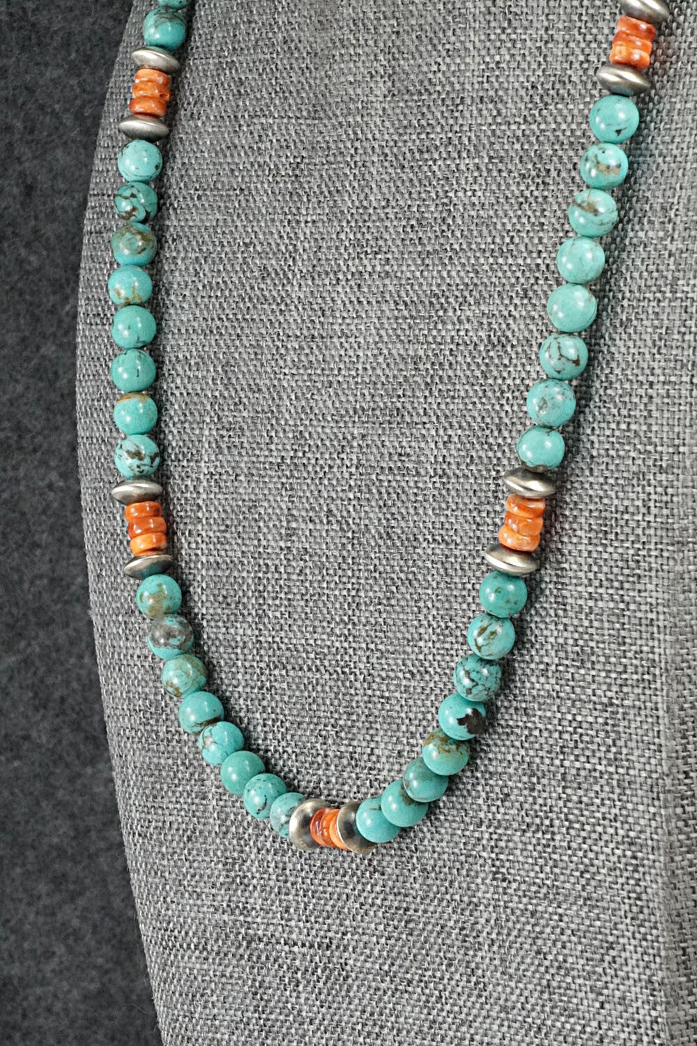 Turquoise, Spiny Oyster & Sterling Silver Necklace 20" - Doreen Jake