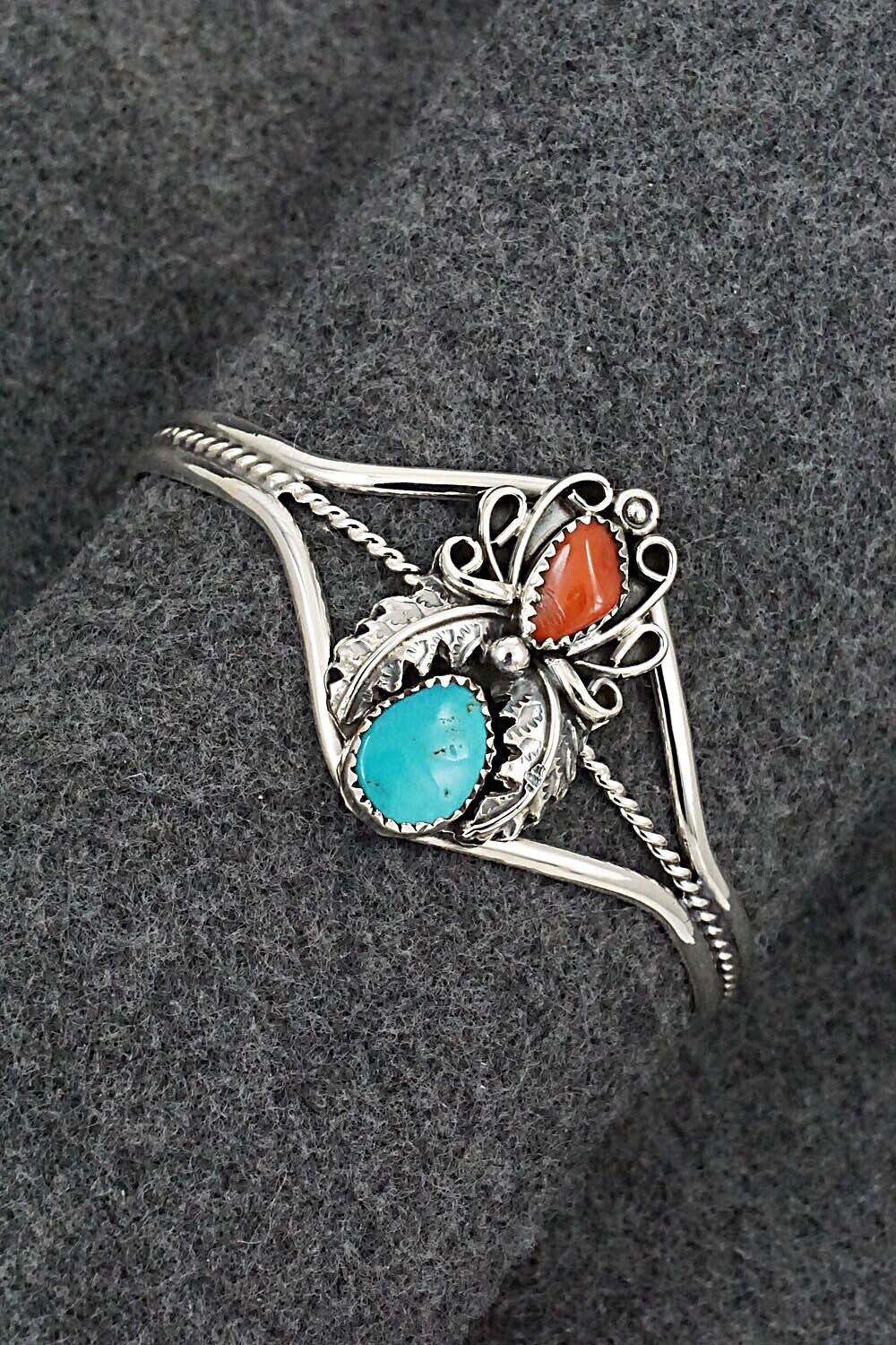 Turquoise, Coral & Sterling Silver Bracelet - Harry Yazzie